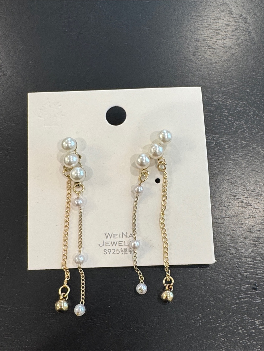 Weina Gold Pearl Drop Chain Earrings